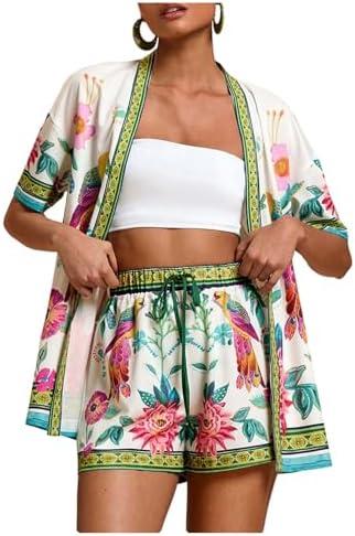 MakeMeChic Women's Two Piece Sets Summer Tropical Vacation Outfits Boho Floral Kimono Tops Shorts Set S