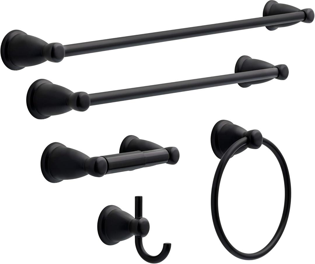 Franklin Brass Kinla 5-Piece Bathroom Set Matte Black 18" and 24" Towel Bar Racks, Toilet Paper Holder, Ring, Hook KIN5PC-MB