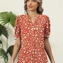 Kistore Womens Summer Short Sleeve Chiffon Blouses V Neck Button Tops Business Casual Work Shirts Red Apricot Floral S (S)