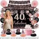 40th Birthday Decorations for Women - Rose Gold 37Pcs All-in-One Party Kit with Banner, Backdrop, Tiara, Sash, Cake Topper, Latex Balloons, Hanging Swirls, Centerpieces