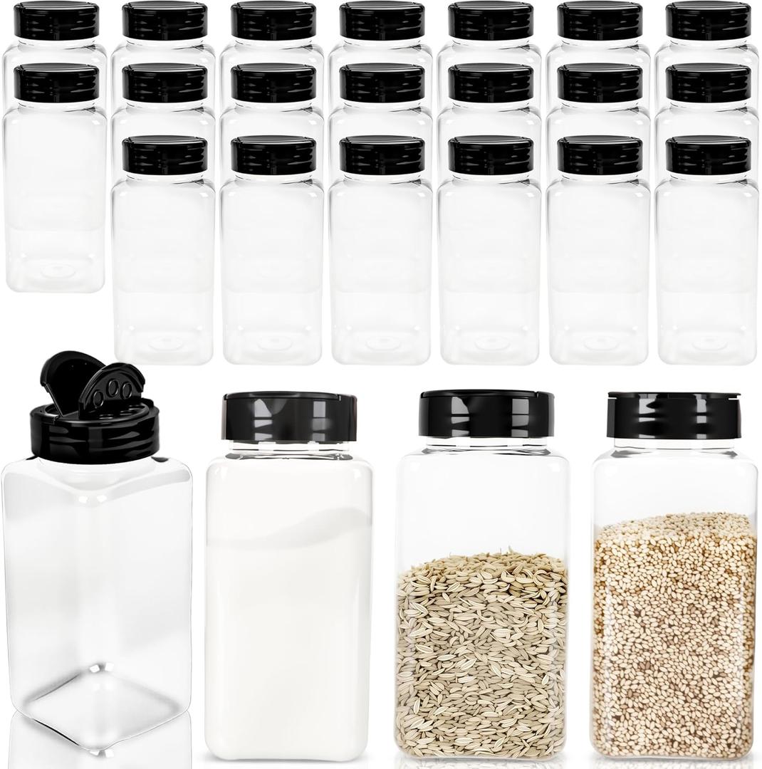 24 Pack 17 oz Plastic Spice Jars with Black Cap Empty Seasoning Bottles with Shaker Lids Clear Square Spice Bottles for Storing Spice Salt