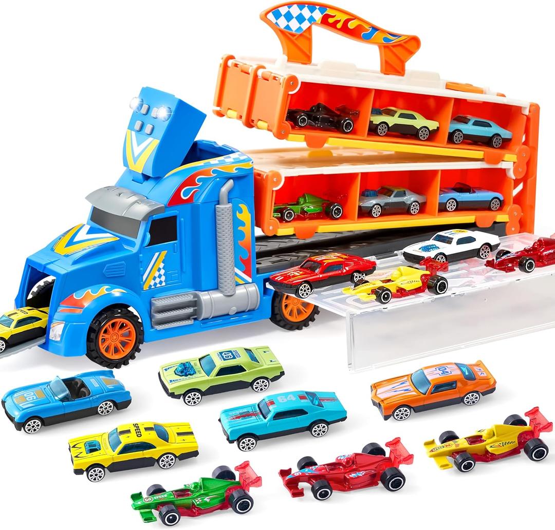 JOYIN Toy Truck for Kids,5-FT Race Track and 12 Die-Cast Metal Toy Cars, Racing Car with Lights & Sounds, Carrier Truck Playset Gift for 3 4 5 Years Old Boys and Girls (Blue Orange)