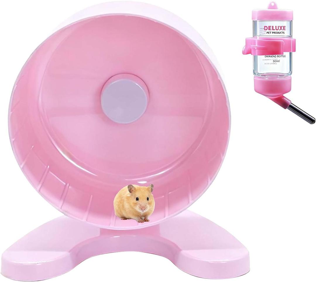 6.5" Super Silent Hamster Wheel with Stand & Water Bottle  Ultra Quiet Exercise Running Wheel for Gerbils, Syrian & Dwarf Hamsters, Chinchillas, Small Pets  Noiseless Spinning Design, Pink