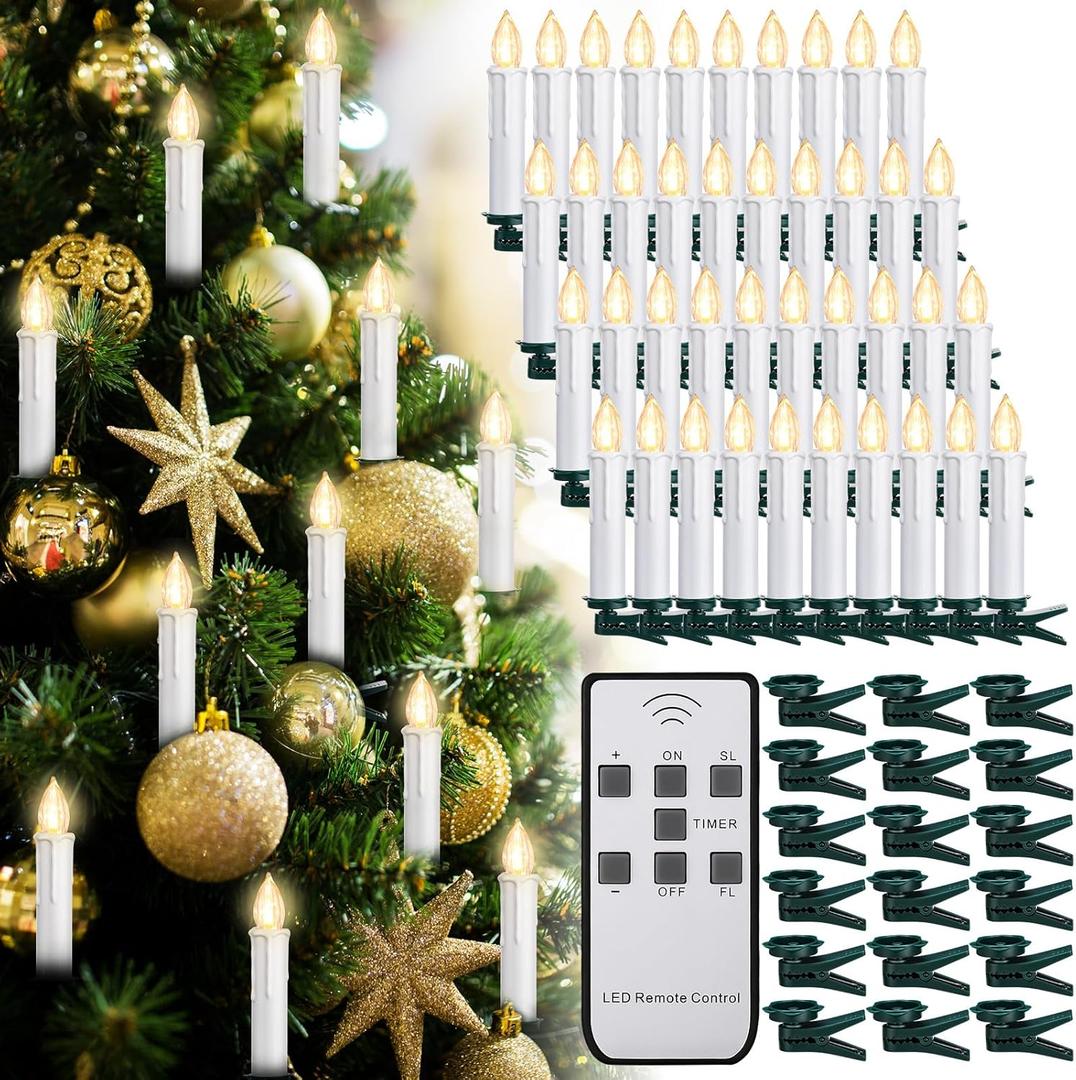 Retisee 40 Pcs Christmas LED Window Candles with Remote Control and Tree Clips Light Flickering Battery Operated Candlesticks Flameless Candles for Christmas Indoor Outdoor(White)