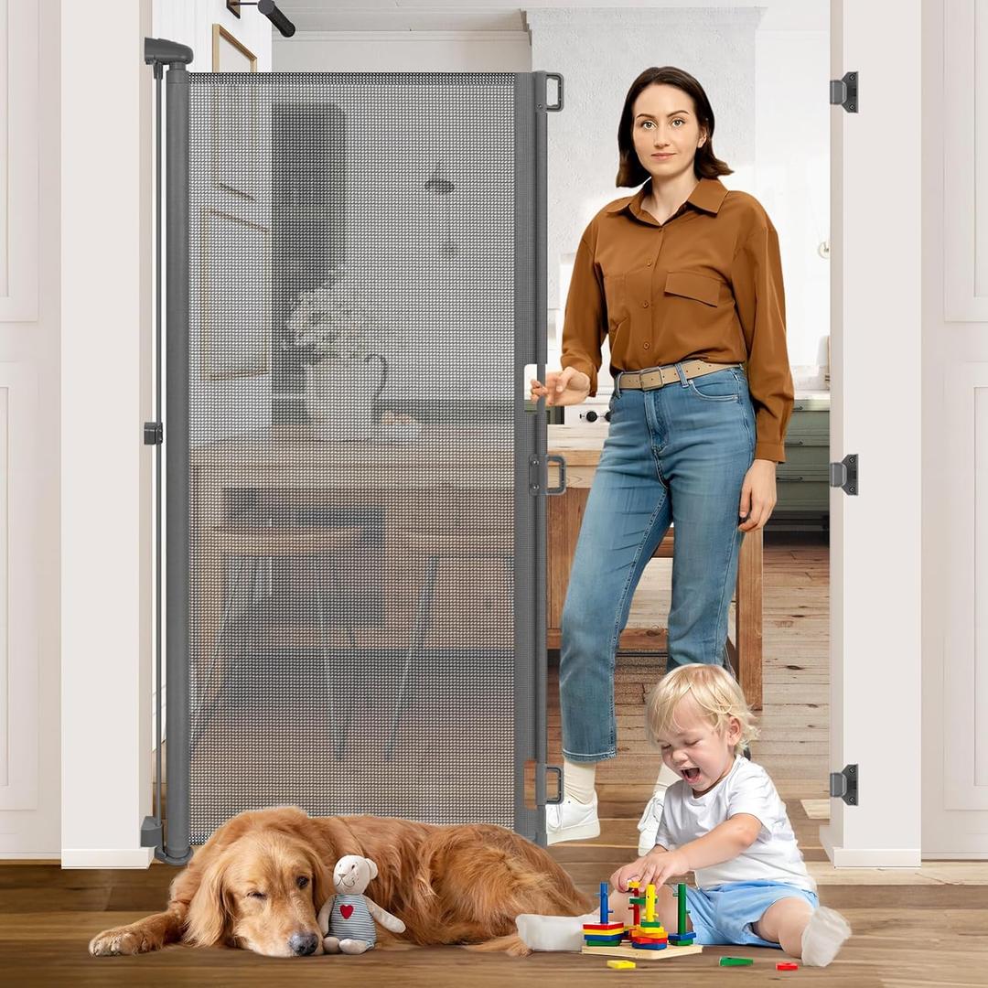 65 Extra Tall Pet Gate Indoor Gate 55 Wide Baby Gate Retractable Dog Gate Outdoor Gates for Decks Retractable Baby Gates for Doorways Tall Dog Gate for Front Door Mesh Gates for Kids or Pets, Gray