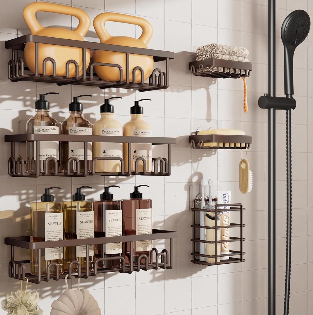 Veken Shower Caddy 6-Pack, No Drilling & Rustproof, Waterproof Adhesive Shelves Rack with Soap Holder, Large Capacity Bathroom Organizers and Storage, Wall-Mounted Kitchen & Home Decor, Brown