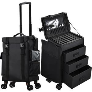 Stagiant Rolling Makeup Case 4 in 1 Soft Sided Professional Cosmetology Case on Wheels Freelance Makeup Artist Nylon Cosmetic Organize Storage Nail Technician Hair Stylist 3 Drawers Black