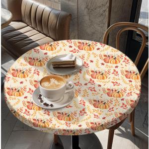 Round Table Cover for Round Tables 36"-70", Fitted Tablecloth with Elastic for Indoor Outdoor Party Holiday, 60inch, Pumpkin