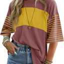Yousify Womens Crew Neck Summer Tops Short Sleeve Striped Block Colors Shirts Loose Blouse T-Shirts (Large, Brick Red)
