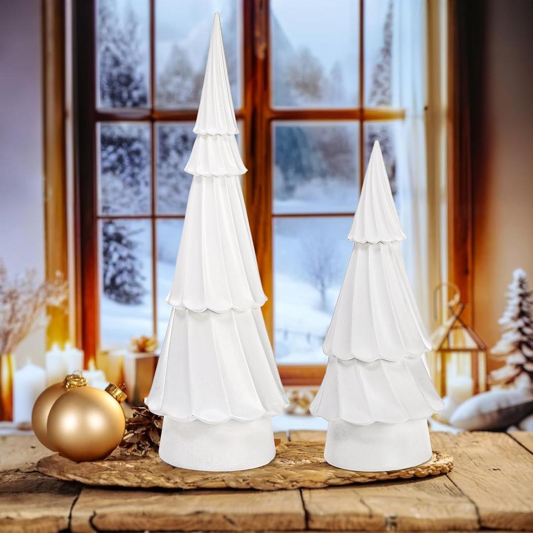 Suwimut Set of 2 Resin Christmas Trees, Tabletop White Christmas Tree Figurine Holiday Party Home Table Decorations, Desk Centerpieces for Christmas Decor