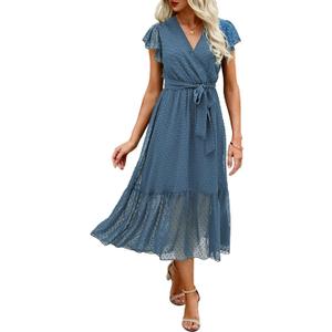 BTFBM Women Summer Bohemian Floral Casual Wrap V Neck Ruffle Cap Sleeveless Belt A-Line Pleated Hem Midi Sun Dress White (Swiss Dot Grey Blue, XXL)