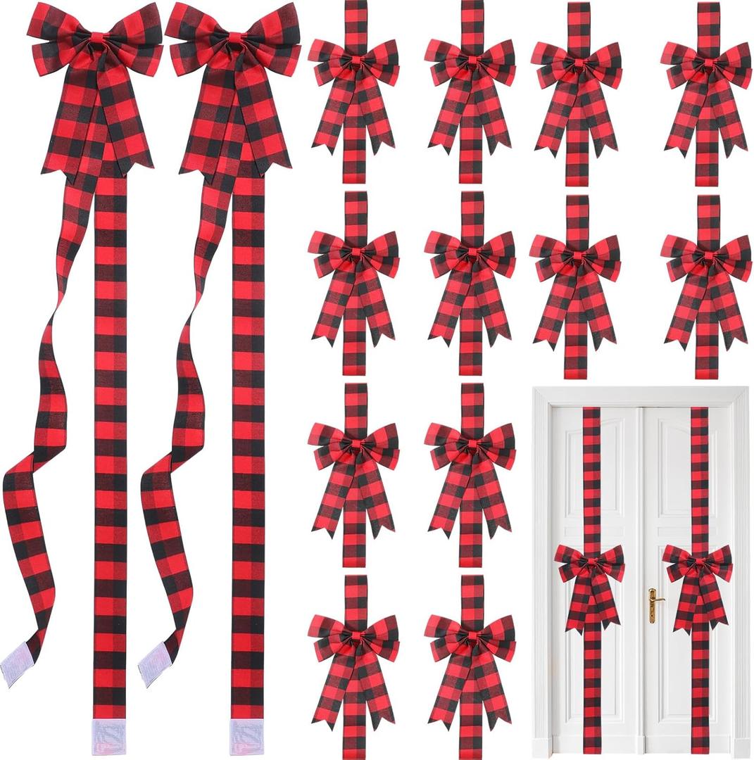 Yinkin 16 Pcs Christmas Cabinet Ribbon Bows 10 x 87 Inch Buffalo Plaid Door Ribbons and Bows Decoration Modern Christmas Decor for Xmas Holiday Kitchen Wall Home Furniture (Red, Black)