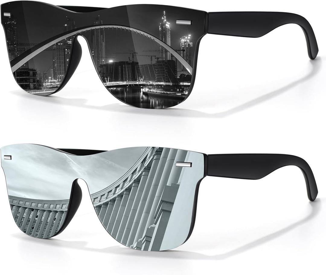 LINVO Trendy Polarized Mirrored Sunglasses Men Womens, Flat One Piece Reflective Shades for Driving Fishing UV400 Protection (2pack Black Frame | Grey Lens + Black Frame | Silver Lens)