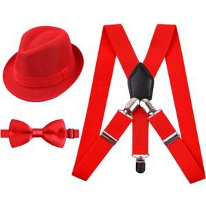 Alizeal 100 Days of School Costume for Kids 2.5cm Elastic Braces 3 Clip Suspender and Bow Tie Set with Fedora Hat (Red)