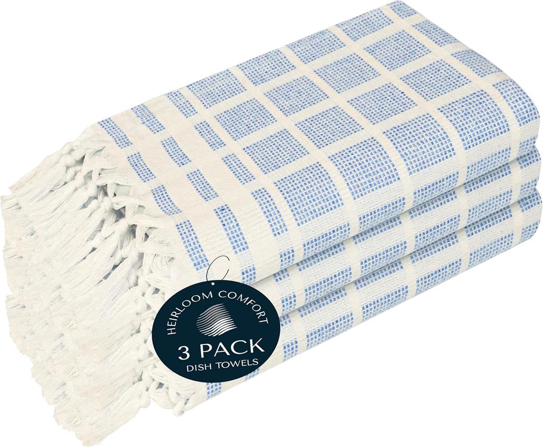 Sky Blue and White Dotted Matrix Kitchen Towels 3 Pack, 100% Cotton, 16x26 Inch, Tassel Edged Dish Towels, Reusable, Soft, Quick Drying, Great for Drying Dishes