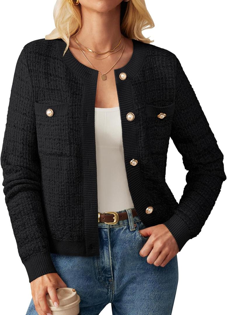 GRACE KARIN Womens Open Front Button Down Long Sleeve Texture Knit Cardigan Sweaters with Pockets (Small, Black)