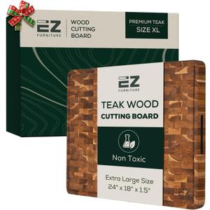Teak Wood Premium Cutting & Serving Board, Knife Friendly, Non-Toxic, Pre-Oiled End Grain with Juice Groove & Handles (XL 24" x 18" x 1.5", 16.98 lbs)