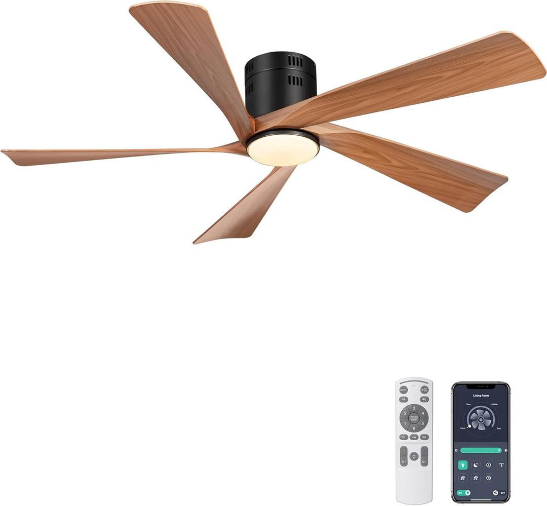 Ohniyou 52 Flush Mount Farmhouse Ceiling Fan with Lights, Remote & APP Control Low Profile Indoor Outdoor Ceiling Fans, Dimmable, Quiet DC Motor, Reversible, Black+Wood Color