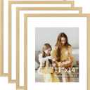 ATOBART 11x14 Picture Frame Set of 4, Displays 8x10 with Mat or 11x14 Without Mat, Photo Frames for Wall Hanging or Tabletop, Includes HD Plexiglass, Natural Wood Grain