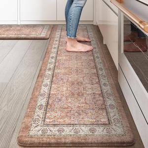 KIMODE Anti Fatigue Mats for Kitchen Floor, Farmhouse Kitchen Rugs Sets of 2, Cushioned Memory Foam Kitchen Mats, Comfort Standing Mats for Laundry, Office, Sink, Desk Orange Pink 17"x59"+17"x29"