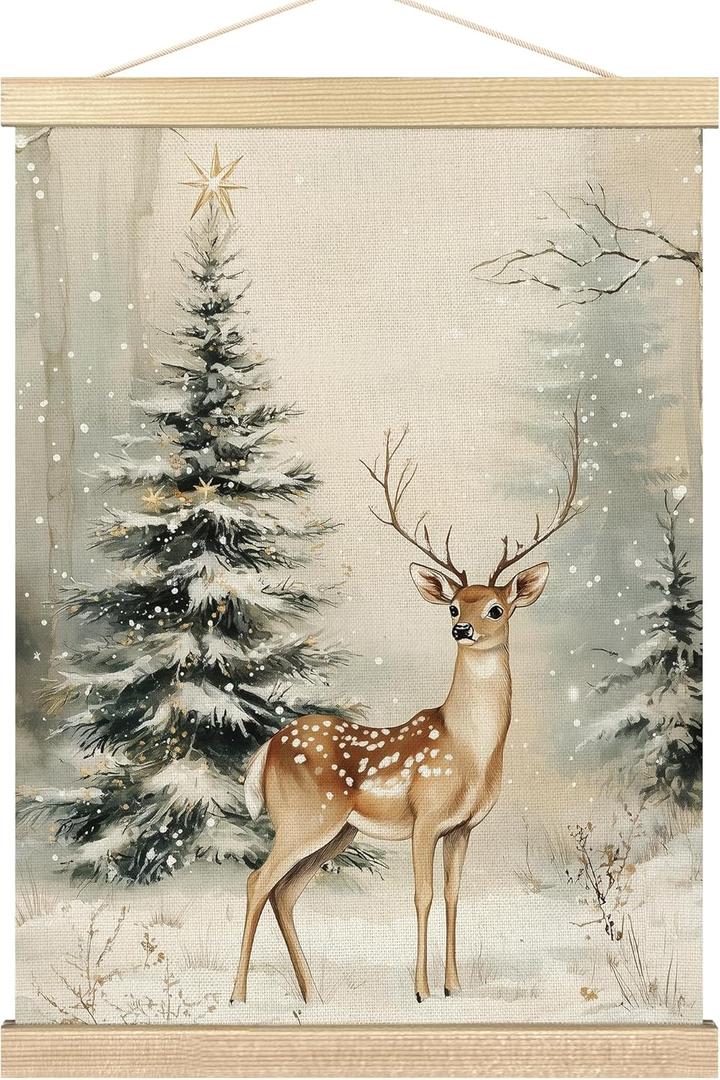 BCUANGD Winter Wall Art - Retro Christmas Deer Wall Decor Poster Hanger with Wood Frames, Rustic Pine Tree Landspace Holiday Xmas Wall Hanging Canvas Decor for Farmhouse Home Bedroom, 12x16 Inches