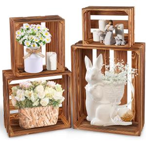 4 Pieces Decorative Wood Crates for Party Display, Large Rustic Farmhouse Wooden Nesting Storage Crates with Handles for Wedding Birthday Home Party Decoration