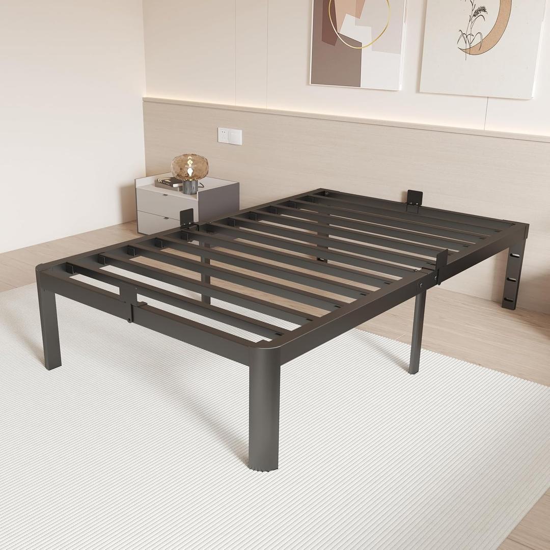 14 Inch Twin Bed Frames, Metal Twin Bed Frame No Box Spring Needed, Heavy Duty Steel Support 3500 LBS, Headboard Holes, Anti-Slip Mattress Stoppers, Rounded Legs, Storage Space, Easy Assembly