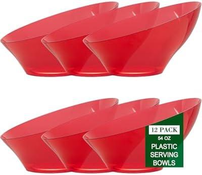 9 Pack Clear Red Plastic Serving Bowls - 54 OZ Christmas Angled Serving Bowls Disposable for Chip, Candy, Salad & Fruit - Ideal for X’mas Party