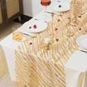 3 Pcs Gold Table Runners, 28In x 10 Ft Sheer Chiffon Tulle Cheesecloth with Glitter Metallic Foil, Golden Sequin Gauze Runner for Wedding, Birthday, Baby Shower, Anniversary Party Decor, Striped