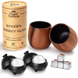Charred Wooden Bourbon Drinking Glass Set of 2,11oz Handcrafted Premium Acacia Whiskey Tumbler,4 Stones & 2 Ice Ball Molds, Charred Old Fashioned Glass, Unique Bourbon Gifts for Men (2 Pack Charred)