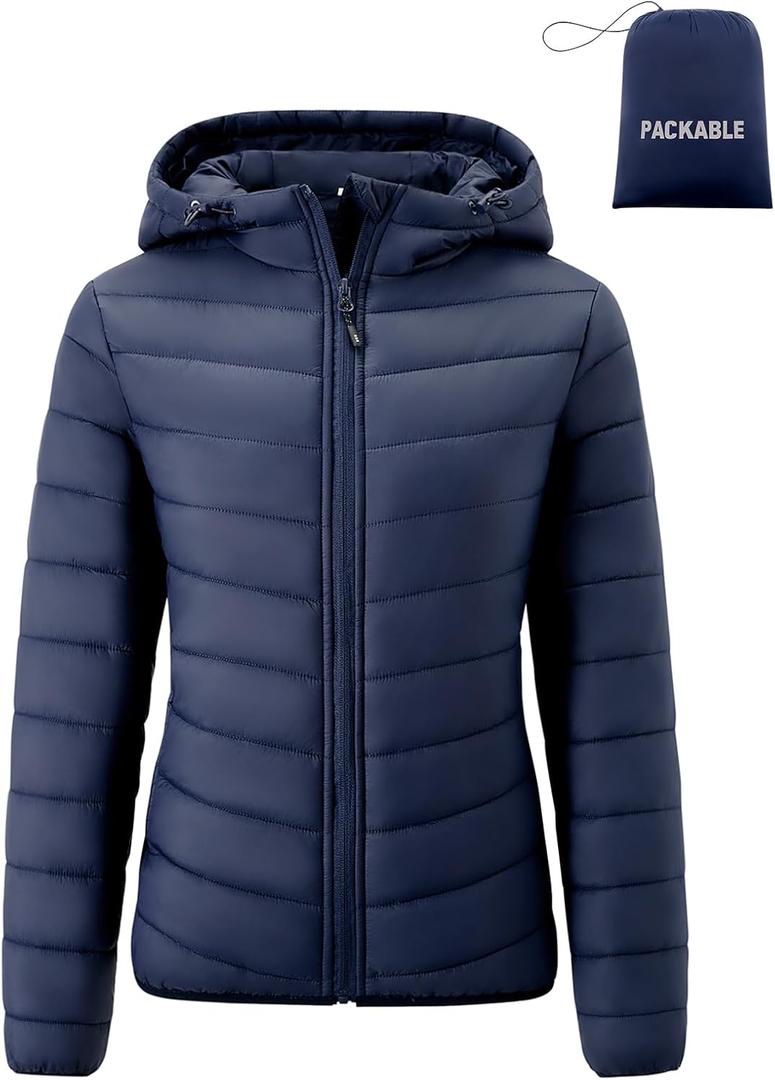 Gihuo Women's Packable Lightweight Hooded Puffer Jacket Quilted Winter Outdoor Jacket with Storage Bag (Navy), S