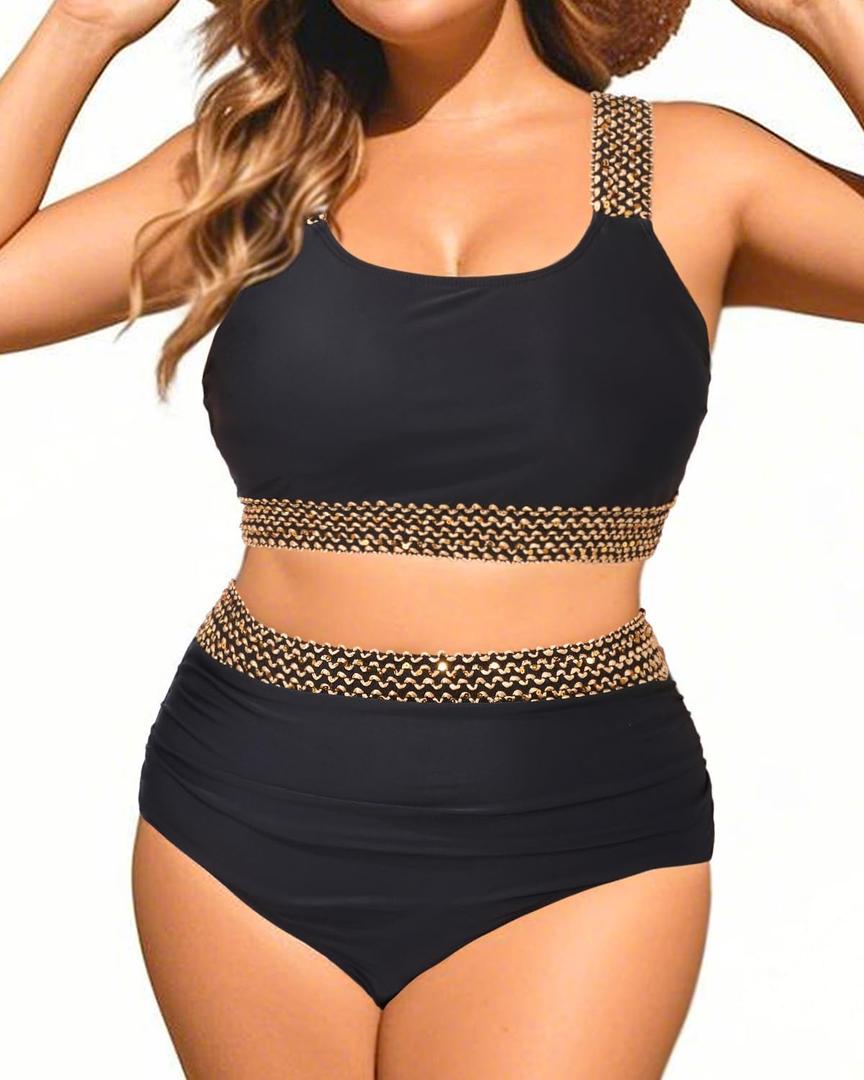 Black Golden Women Two Piece Plus Size Bikini - High Waisted Swimsuits Tummy Control Bathing Suits Swimwear 2025 18W