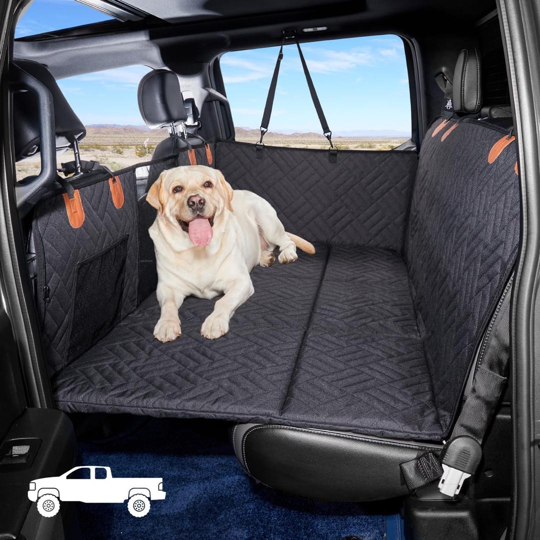 YJGF Dog Back Seat Extender for Truck, Truck Seat Cover Back Seat, Dog Hammock for Truck, Hard Bottom Seat Extender for Dogs (Black, for Full Size Truck),  Dimensions of pet seat covers for dogs are 57.4x30.3inches
