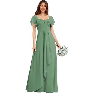 Chiffon Long Bridesmaid Dresses 2025 Short Sleeves Formal Dress RI001, Eucalyptus, 16W