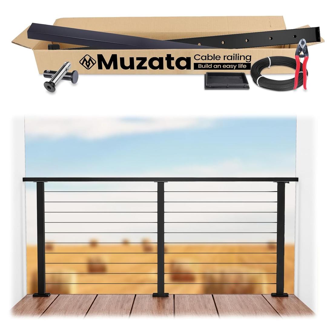 Muzata 3'-6'6" Black Complete Cable Railing Kit 36 Inch Cable Railing System for Decks with Post Handrail Length Adjustable Easy DIY with User Guide Complete Set RCS2 BH4S