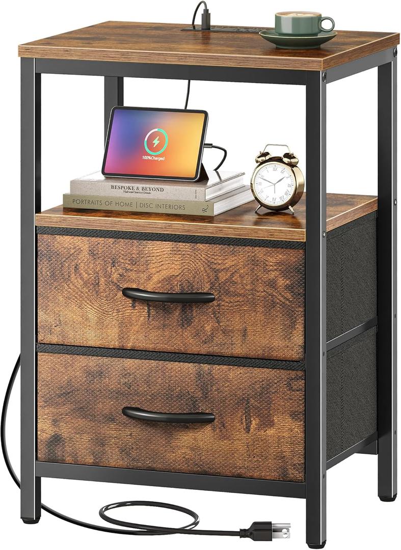Huuger Nightstand with Charging Station, Fabric Drawers, End Table with Open Shelf, Bedside Table with USB Ports and Outlets, Night Stand for Bedroom, Rustic Brown, 11.8"D x 15.7"W x 23.6"H (2 Drawers)