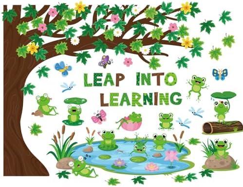 Zonon 113 Pcs Summer Frog Cutouts Bulletin Board Decorations Back to School Classroom Decorations Green Frog Cutouts with Glue Points for School Kids Office Chalkboard Passover Party Supplies