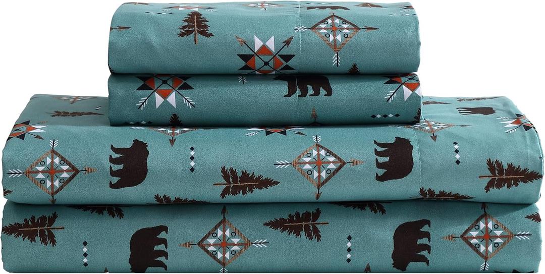 Beatrice Home Fashions Cozy Cabin 4-Piece Full Microfiber Bedding Sheet Set with Deep Pockets Rustic Patchwork Plaid Deer, Wilderness Bears