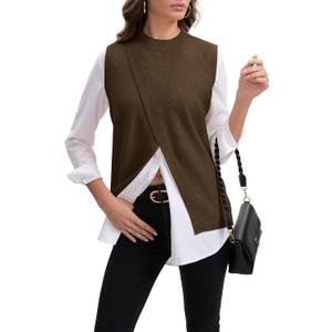 Womens Mock Neck Sweater Vests, Sleeveless Knit Pullover Tops Casual Split Hem Shirt Trendy Going Out Outfits (Brown, XL)