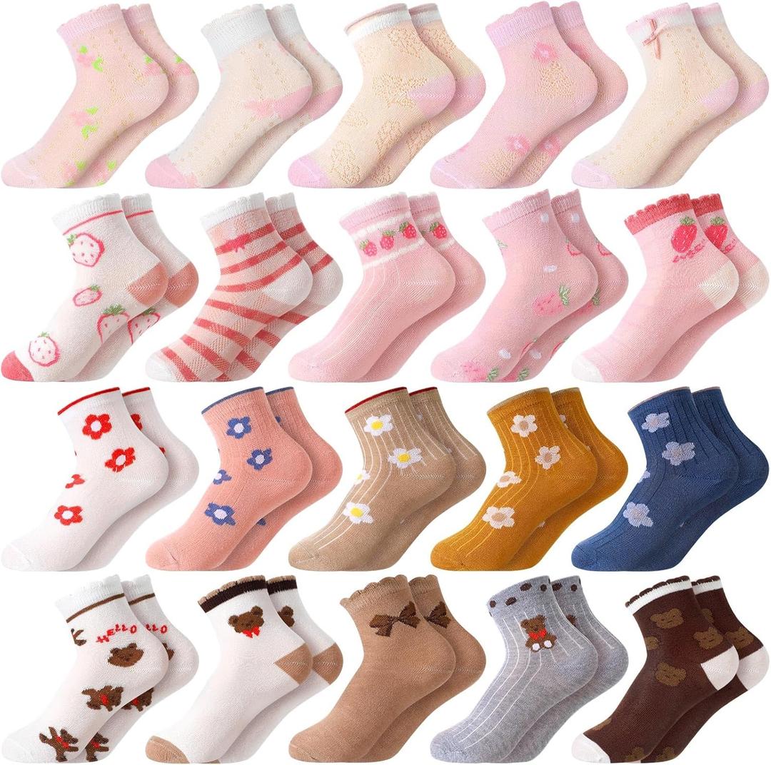 Bencailor 20 Pairs Cartoon Pattern Crew Socks Cute Patterns Ruffle Crew Socks Cotton Cute Socks for Kids Girls (3-5T)
