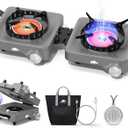 2 Propane Burners Camping Stove, 30,000 BTU Folding Camp Stove with Windproof Grates and Frying Pan,Portable Camping Stoves with Carrying Bag,Camping Essentials for Tailgating/Grilling/Coffee,Titanium