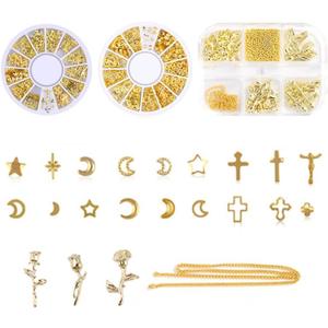 3 x 3 Boxes Gold Nail Charms with Gold Star, Moon, and Rose Charms for Nails - Includes Gold Beads and Chain