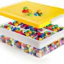 Acshio Toys Organizer Bin, Double Layer Block Storage Container with Building Baseplate Lid Removable Tray, Stackable 30 Compartment Clear Crafts Box for Bead Puzzles Sewing