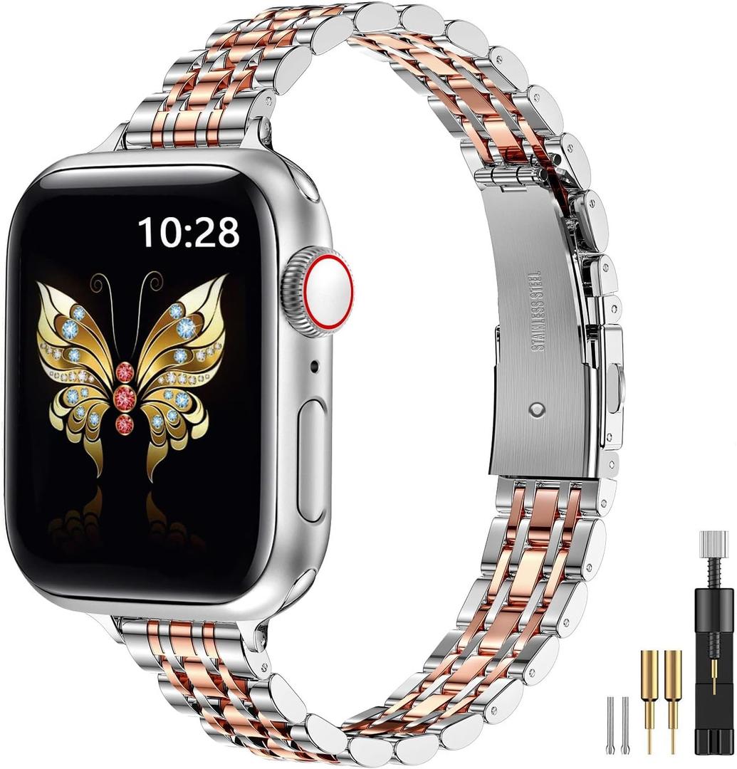 MioHHR Slim Metal Band Compatible with Apple Watch Band 42mm(Series 10) 41mm 40mm 38mm,Dressy Stainless Steel Chain Strap for Women iWatch Bands Series 9 8 7 6 5 4 3 2 1 SE,Silver/Rose Gold