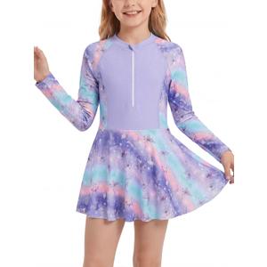 JiAmy Girls One Piece Swimsuits Rash Guard Swim Dress Purple 4-5Y