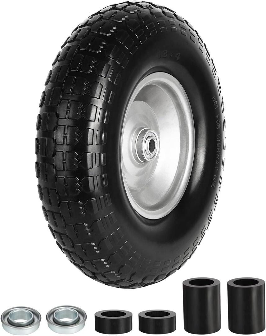 13 Inch Wheelbarrow Tire Flat Free 4.00-6 Tires, 5/8" Bearings Universal Solid Tires with Extra 3/4" Bearings Replacement Wheel for Wheel Barrow, Hand Truck, Garden, Includes Adapter Kit (Black, Silver)