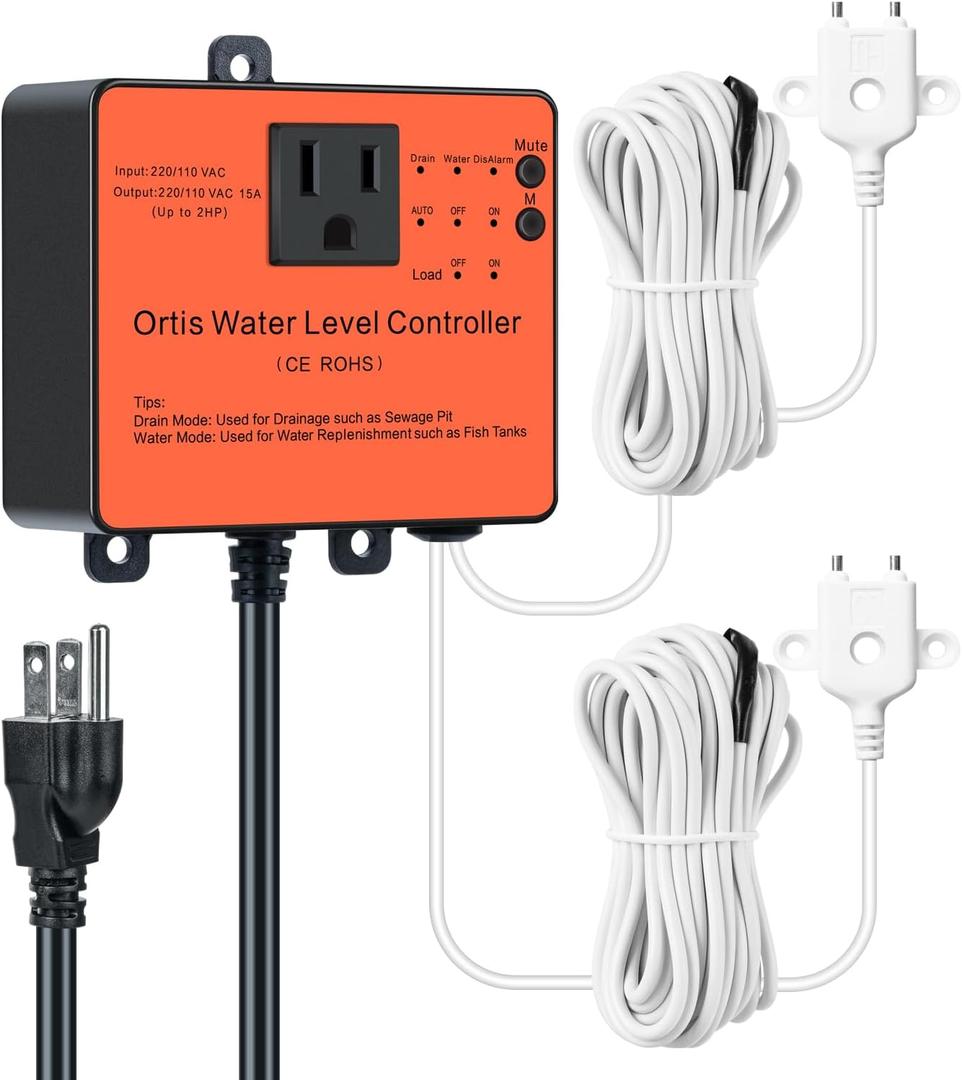 Hi-Lo Sump Pump Switch, Ortis Electronic Adjustable Float Switch Controller with Dual Sensors, Robust Corrosion Resistance, Designed for Sewage Pits, Fish Tanks, Water Tanks, 220/110 VAC