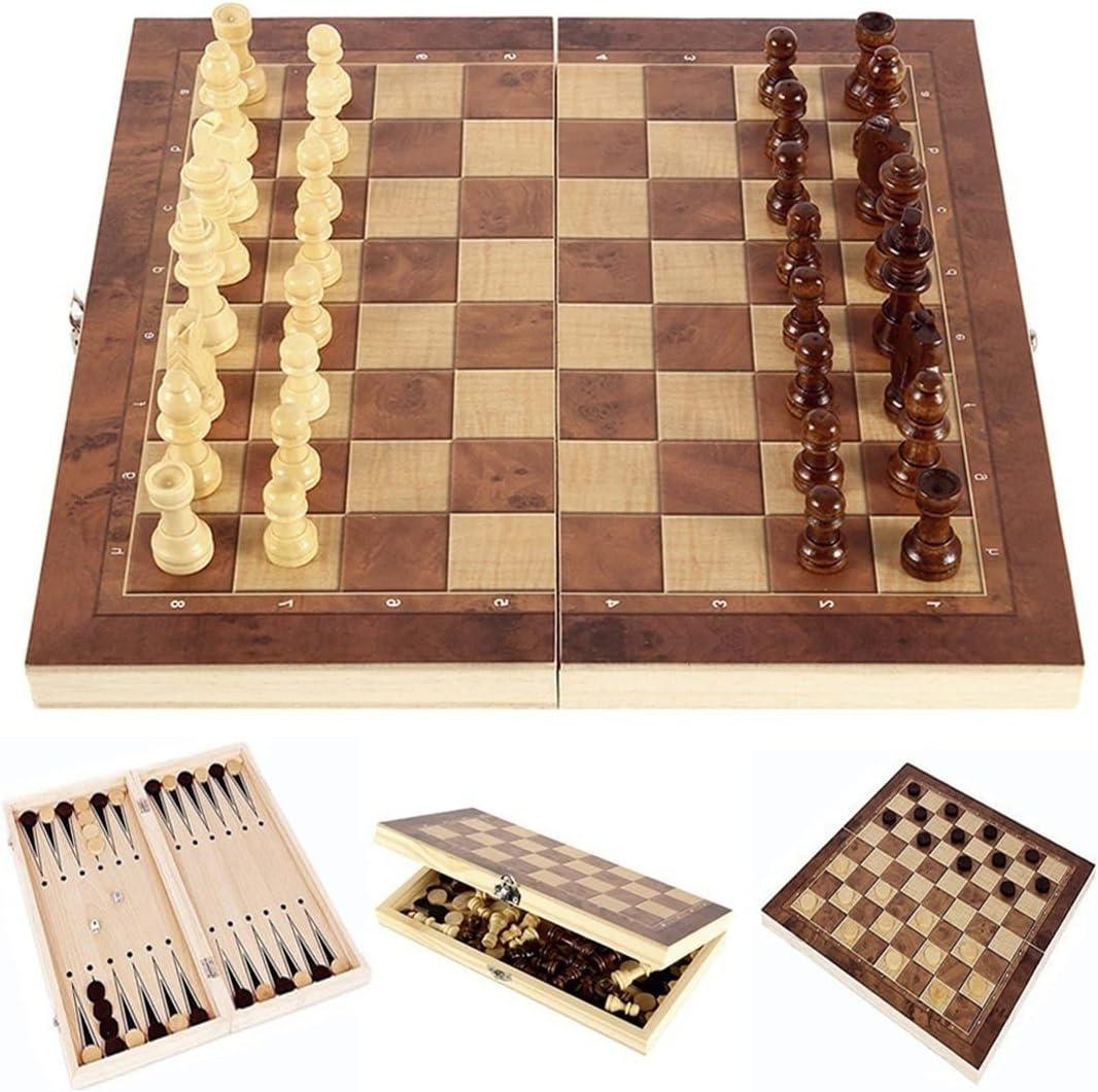 Folding Storage Wooden Chess Board Sets - 3 in 1 Chess Board Game for Adults and Kids (Backgammon, Checkers), Exquisite Wooden Chess Set