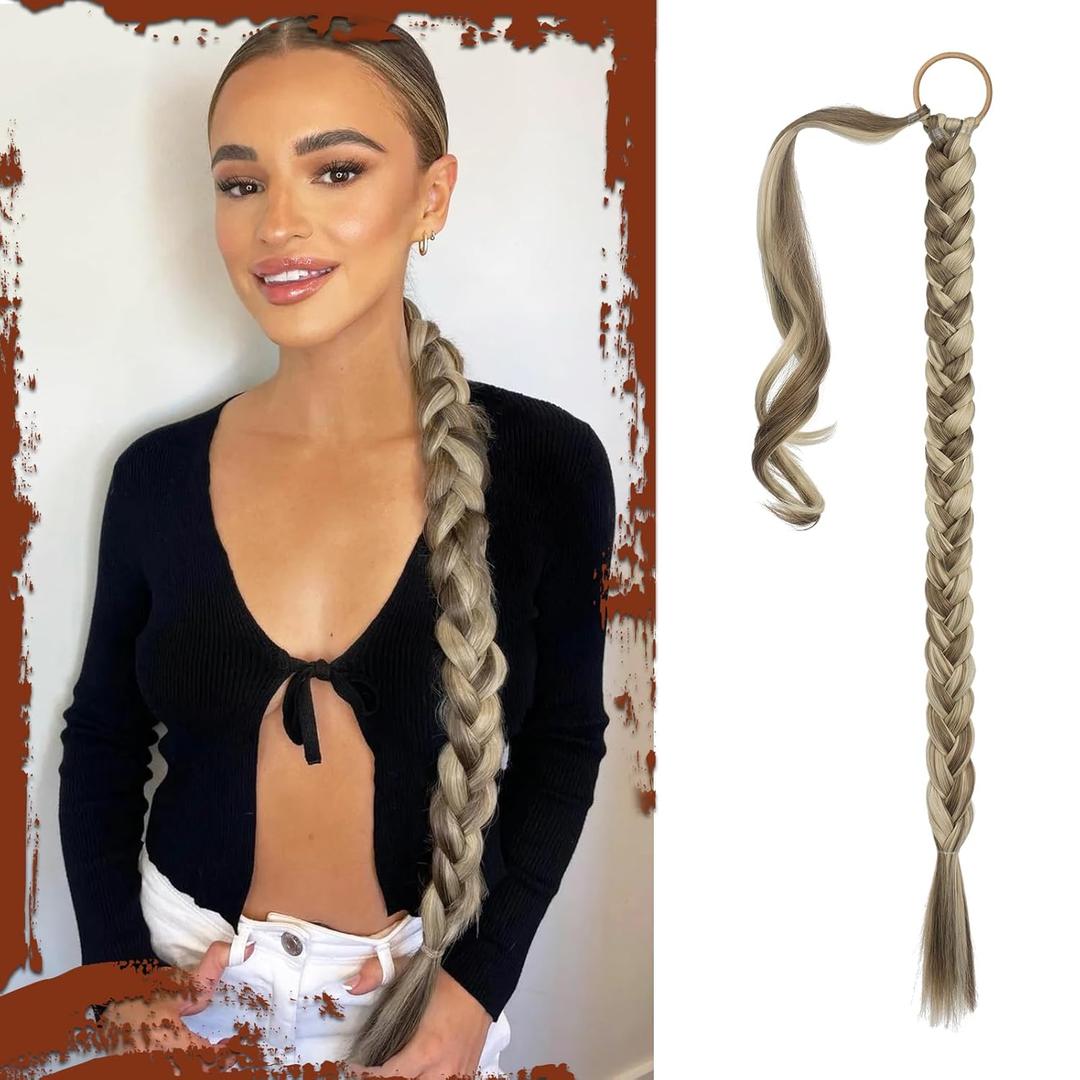 SOFEIYAN Long Braid Ponytail Extension with Hair Tie Straight Sleek Wrap Around Hair Extensions Braid Pony Tail Fluffy Natural Soft Synthetic Hairpieces for Women Daily Wear, 26 inch (Ash Brown with Sandy Blonde)