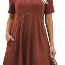 Ulovmi Women's Summer Casual Flowy A-Line Dresses Short Sleeve Ribbed Knit Swing Dress T-Shirt Sundress with Pockets (Orange, XL)